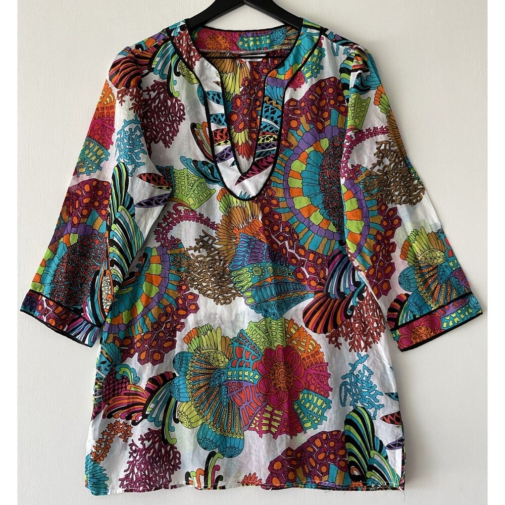 TRINA TURK Popover Tunic Blouse Silk Blend Size Medium Artsy Boho Coastal
